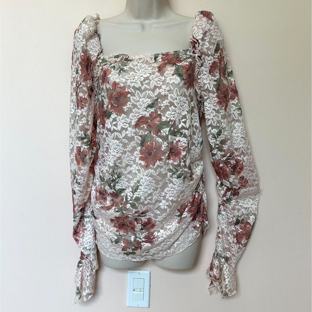 Anthropologie Top XL Sheer Long Sleeve Pullover Stretchy Floral Ruffle Coquette